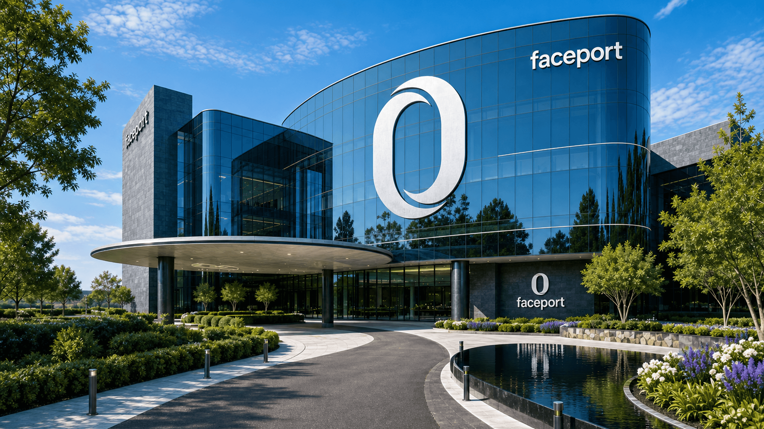 Digital Headquarters concept showing a glass Faceport building with a landscaped entrance and reflecting pool.