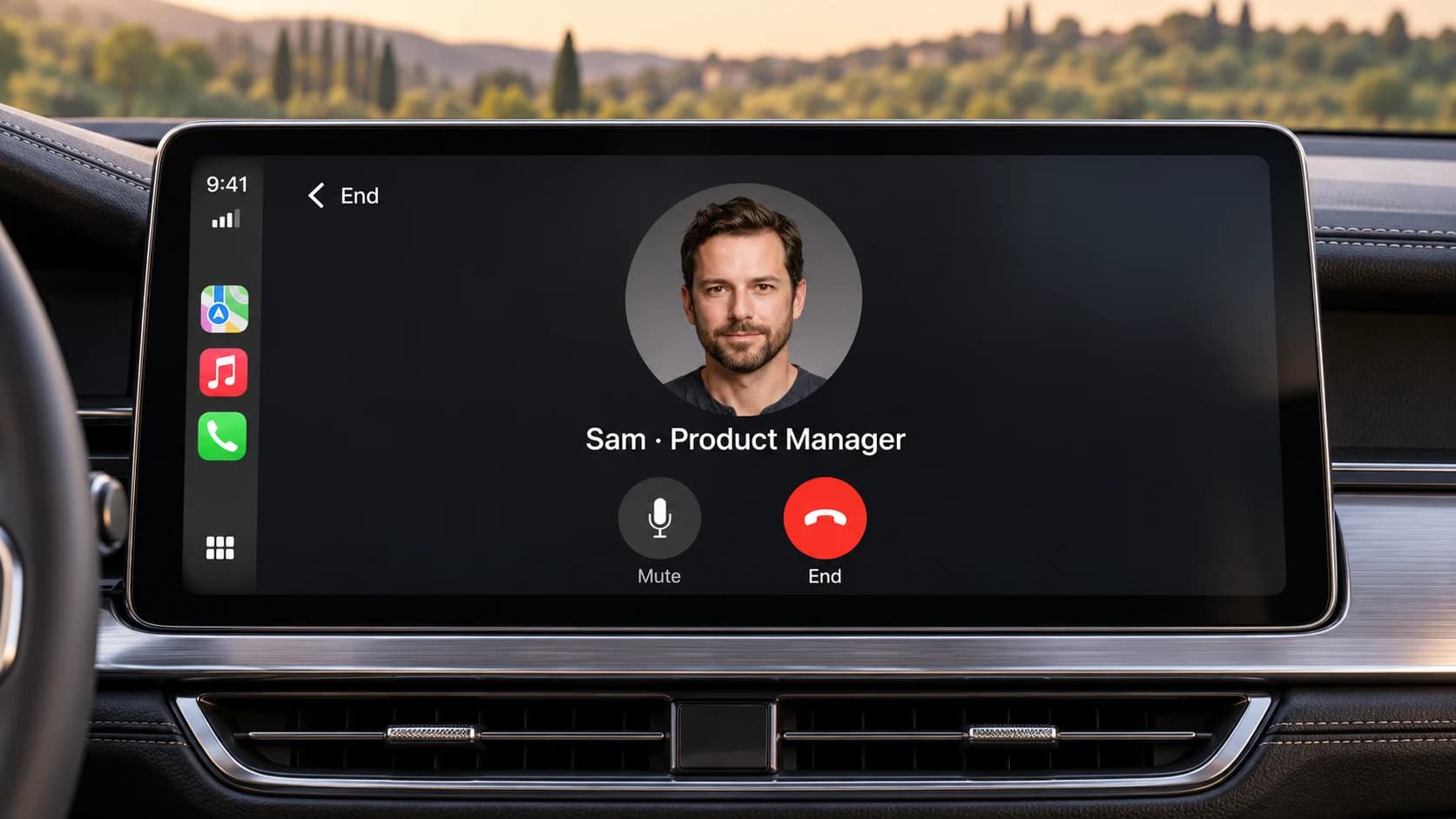 Rendered preview of a large CarPlay display in a car dashboard, showing a Faceport voice conversation with Sam, an AI product manager, his still profile portrait, and Mute and End controls.