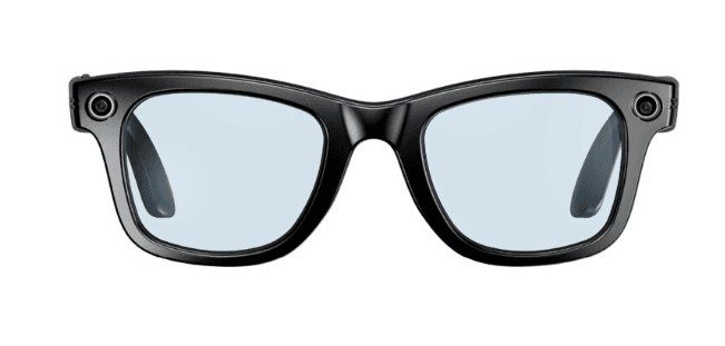 Black Faceport Glasses with pale blue lenses and cameras at the outer corners