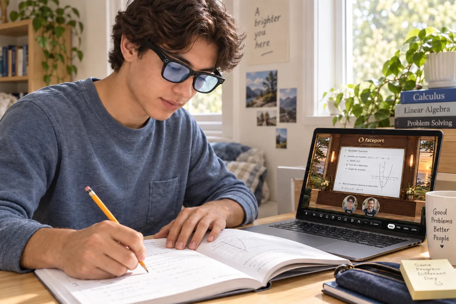 Illustrative scene of a student wearing Faceport Glasses. Straight rays form a translucent capture cone from the glasses to the printed graph, with a line connecting it to the same graph shared in the Faceport meeting on the laptop.