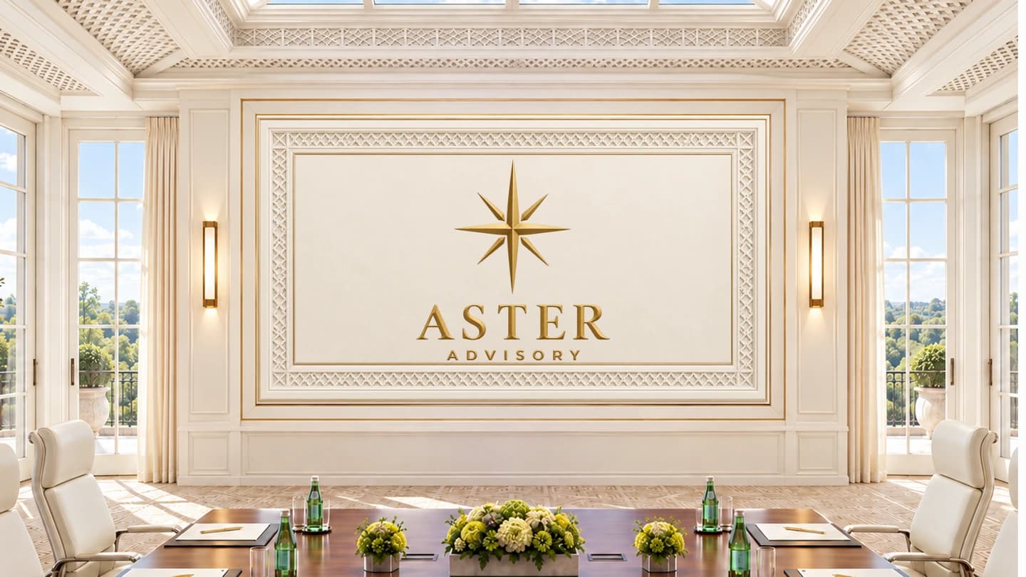 The Skylight Boardroom customized with the fictional Aster Advisory logo in a large brushed gold finish