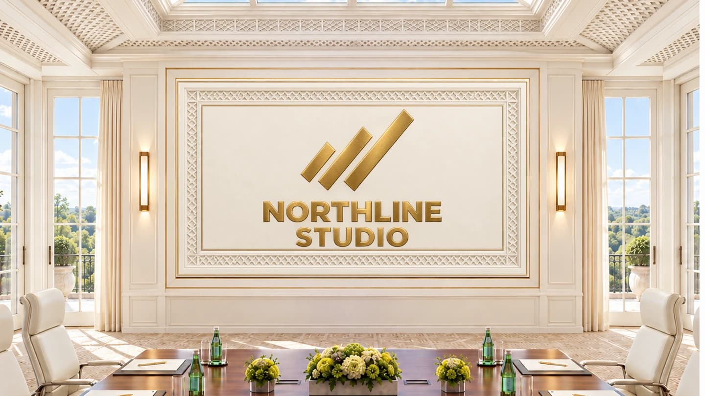 The Skylight Boardroom customized with the fictional Northline Studio logo in a large brushed gold finish