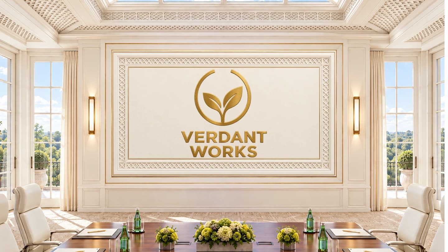 The Skylight Boardroom customized with the fictional Verdant Works logo in a large brushed gold finish